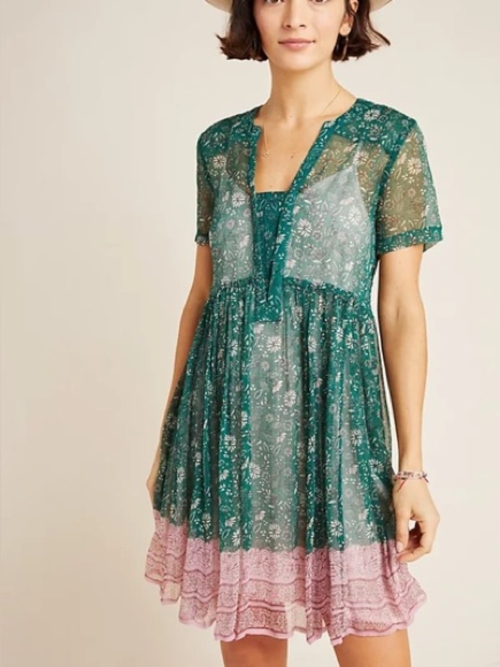 Maeve by Anthropologie Green Pink Floral Mini Dress Small Petite